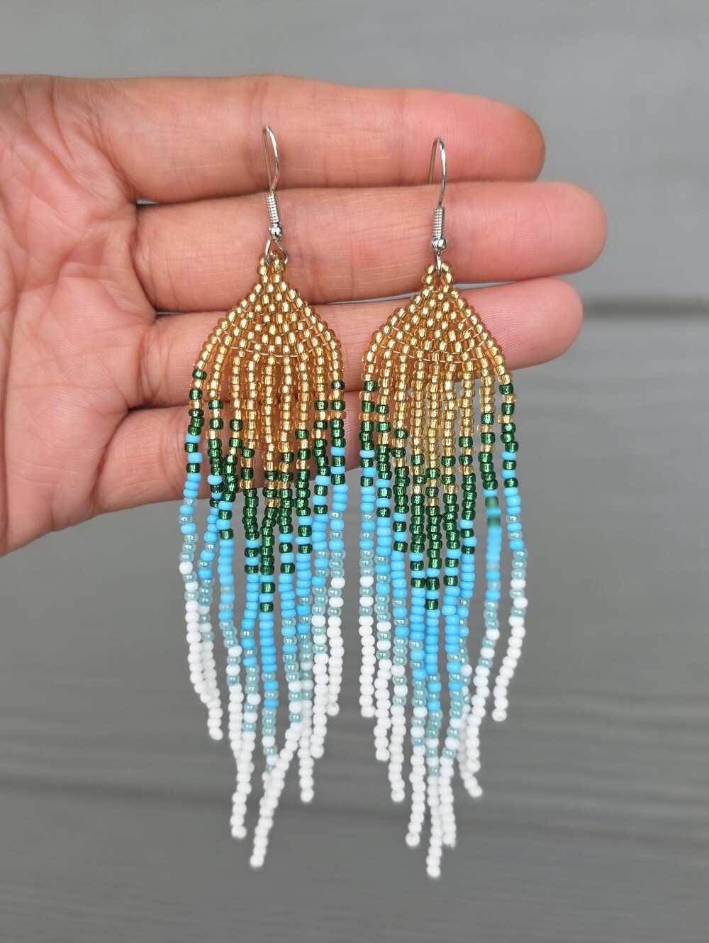 Handmade Coastal Boho Southwestern Beaded Earrings - Isla Ombre Fringe Geo
